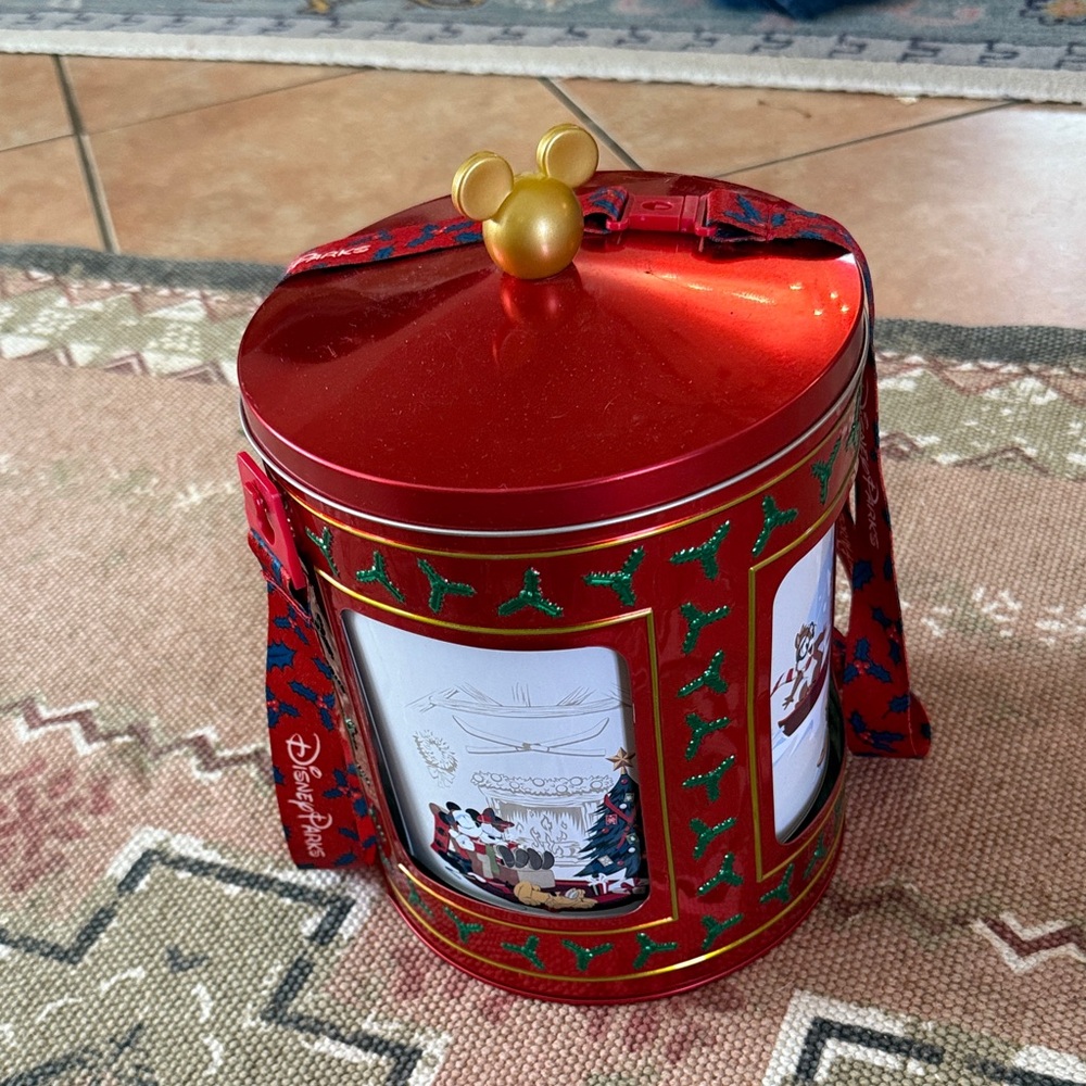 Disney Parks 2022 Red and Gold Holiday Tin with Mickey Lid